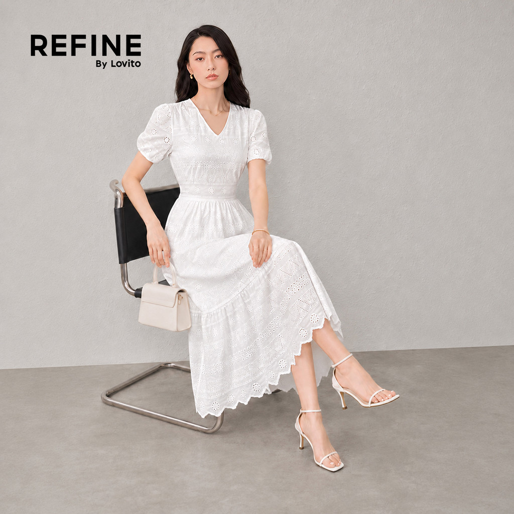 (Refine by Lovito) เดรสลำลองผ้าฝ้ายปักลายฉลุ เดรสสีขาวสำหรับผู้หญิง เหมาะสำหรับฤดูใบไม้ผลิ/ฤดูร้อน ทำงาน LR26ED067 — صورة 5