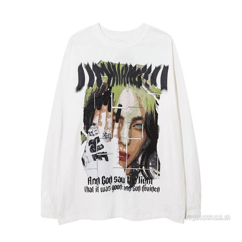 เสื้อยืดแขนยาวสีดำคอกลม ทรงโอเวอร์ไซส์ แฟชั่นเสื้อคู่รัก ใส่ได้ทั้งชายและหญิง ลายรูปคนศิลปะแยกชิ้นบริเวณหน้าอก สไตล์ชิลล