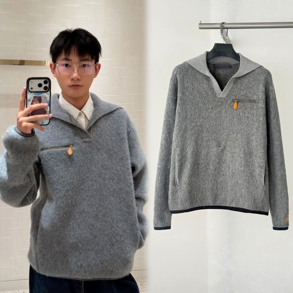 WYYE Lsv * เสื้อสเวตเตอร์ขนแกะคอปกสีกรมท่าสไตล์ใหม่อินเทรนด์