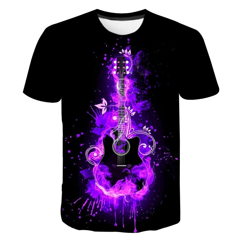 3D PrintGuitar เพลงหมายเหตุเสื้อยืด Water Fire ผู้ชายผู้หญิง Streetwear แฟชั่น O-คอสั้นแขนสั้นเสื้อ 