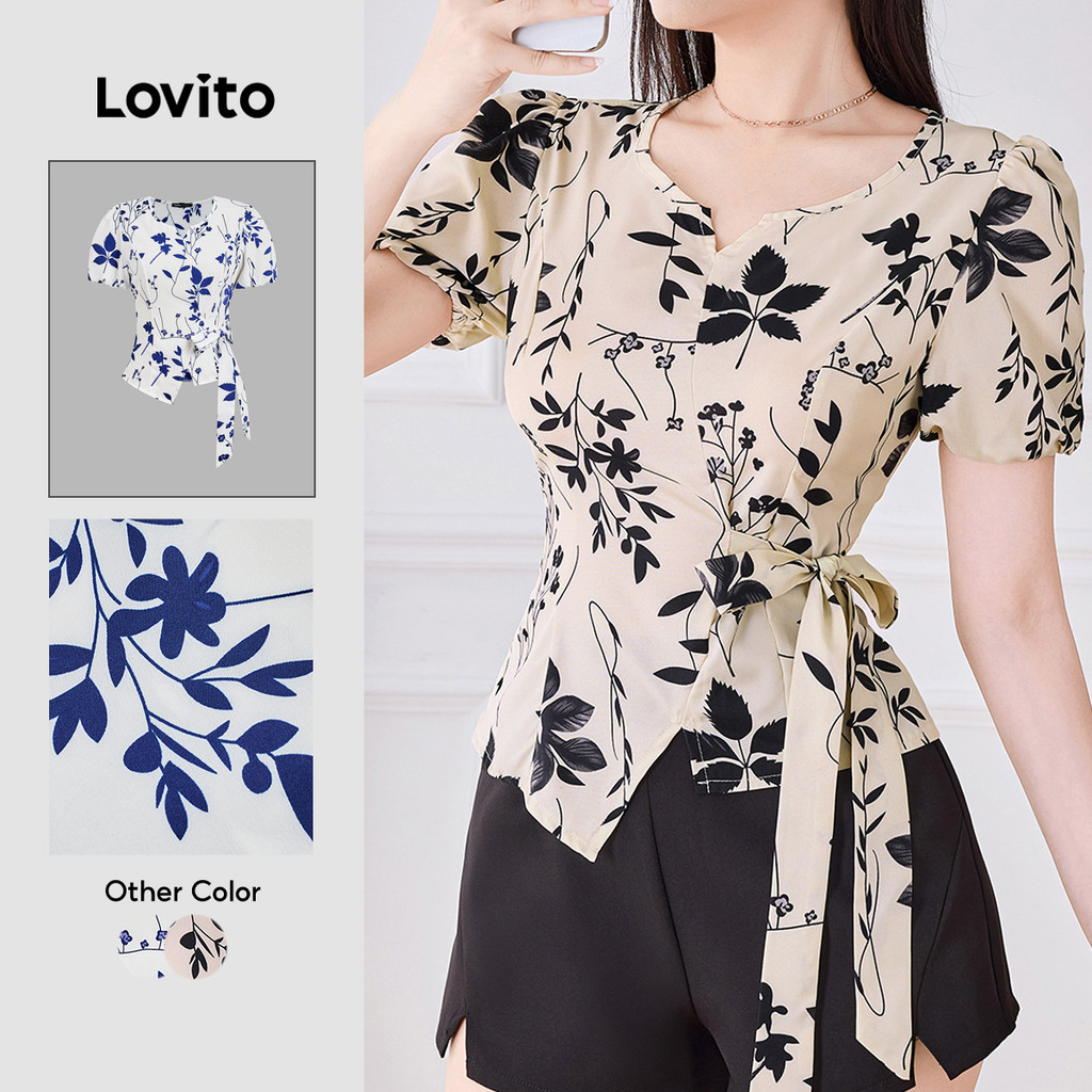 Lovito สง่างาม เสื้อเชิ้ตลายลูกไม้ สำหรับฤดูใบไม้ผลิ/ฤดูร้อน สีแอปริคอท สำหรับผู้หญิง เกาหลี อินเทรนด์ L138AD1402