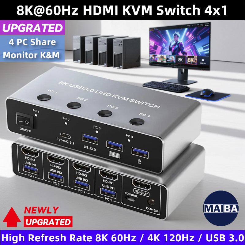 8K HDMI KVM Switch 4x1 Ultra HD 4K@120Hz USB 3.0 KVM Switcher 3 พอร์ต USB และ 1 พอร์ต USB-C สําหรับ 4 PC Share Monitor คีย์บอร์ดเมาส์