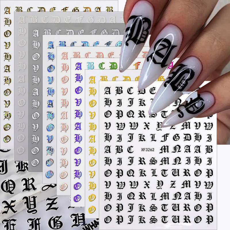 8X10 ซม.Gothic 3Dสีดําและสีขาวเล็บสติกเกอร์เก่าสีดําสีขาวตัวอักษรภาษาอังกฤษY2KภาษาอังกฤษSliderสีดําส