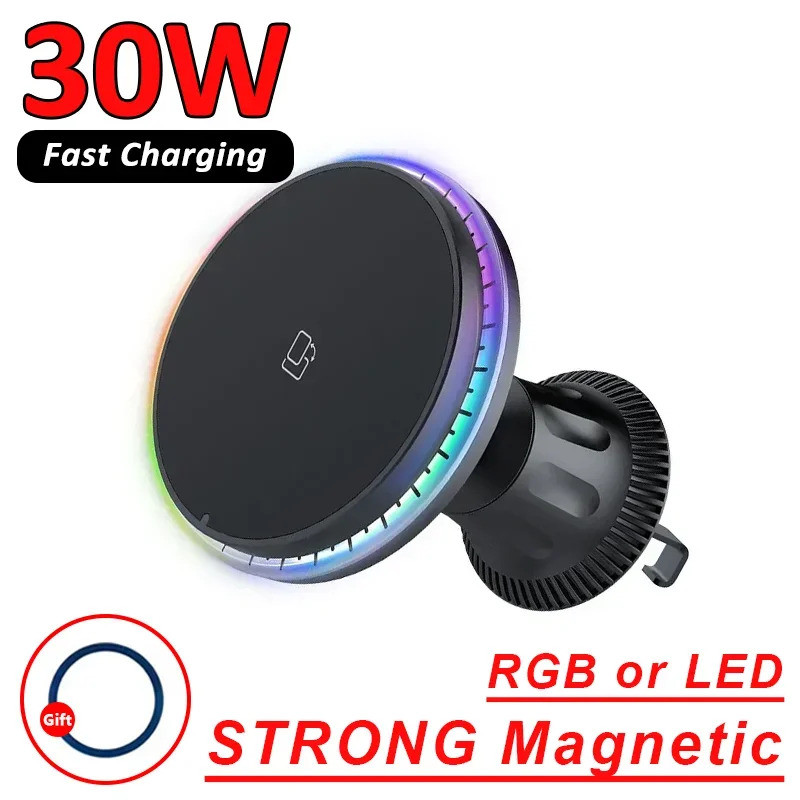 30W Magnetic Car Wireless Charger RGB สําหรับ 12 13 14 15 Pro Max Macsafe ที่วางโทรศัพท์ในรถยนต์ Sta