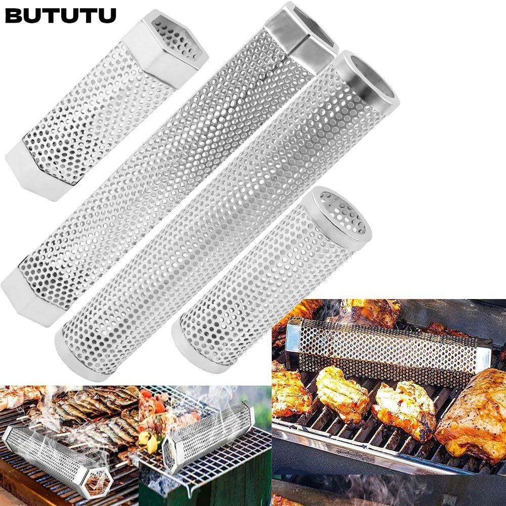 BUTU สแตนเลสตาข่ายกลางแจ้งกรอง Gadget เม็ด Smoker กล่องบาร์บีคิว BBQ Smoker Tube
