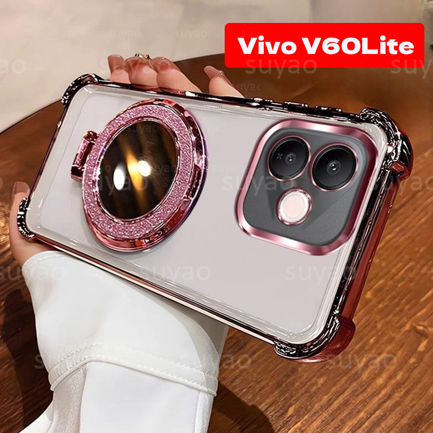 สําหรับ Vivo V60Lite V60 Lite 5G 4G 2025 เคสโทรศัพท์กระจกวงเล็บแม่เหล็กผู้ถือแหวน TPU Clear Electroplated ปลอก VivoV60Lite โปร่งใสกันกระแทกป้องกันนุ่มปกหลัง