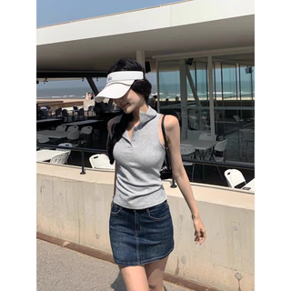 Vogue🌟พร้อมส่ง🌟 เสื้อคอปกแขนกุด สีพื้นใส่สบายมาก เสริมฟองน่ำ (FY33031)
