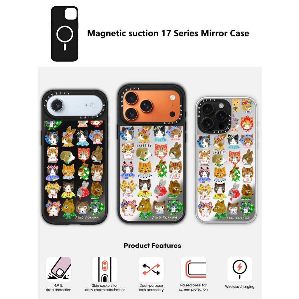 CASECASE X ปุย little friends กรณี Black & Sliver กระจกแม่เหล็กดูด iPhone สําหรับ iPhone 17 Air 16 15 14 13 12 Pro Max Plus Hard กลับกรณีกล่องแกะสลักโลโก้