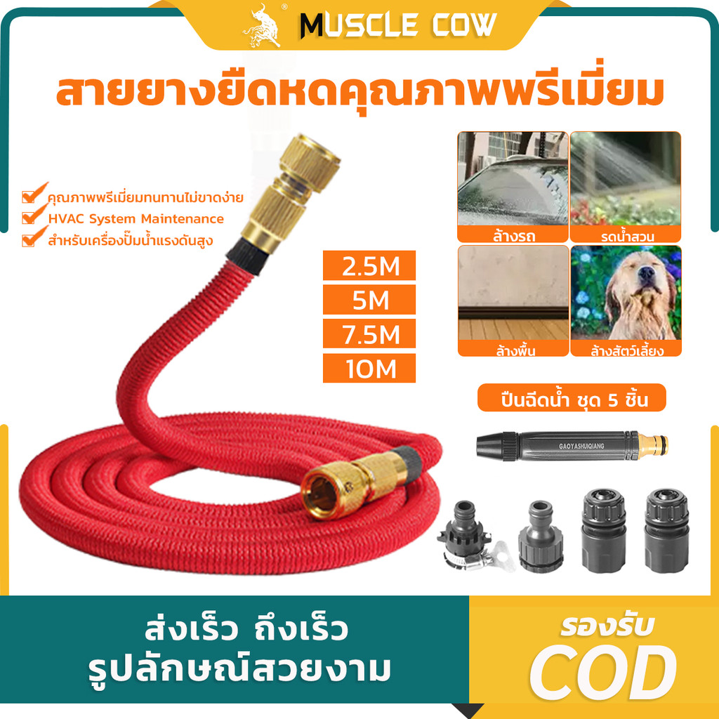 MUSCLE COW สายยางยืดหดคุณภาพพรีเมี่ยม สายยางยืดหด สายยางฉีดน้ำ ทนทานไม่ขาดง่าย ยืด 3 เท่า ปืนฉีดน้ำ ชุด 5 ชิ้น สินค้า