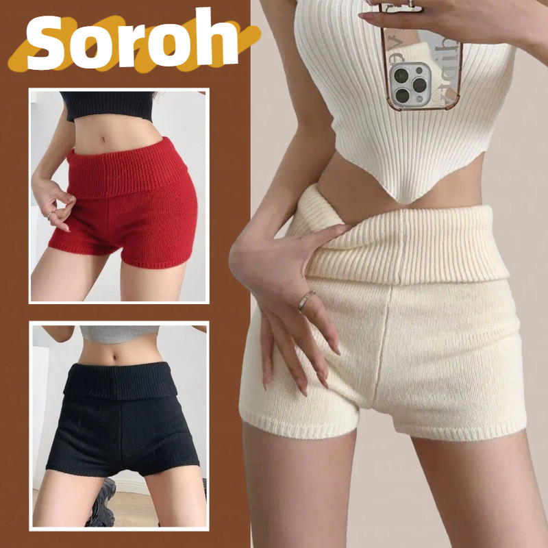 ⭐Soroh⭐กางเกงขาสั้น สีพื้น เอวสูง เอวยางยืด ผ้านิ่ม ยืดพอดี กางเกงลำลอง สไตล์เกาหลี  ใส่สบาย#91191-1