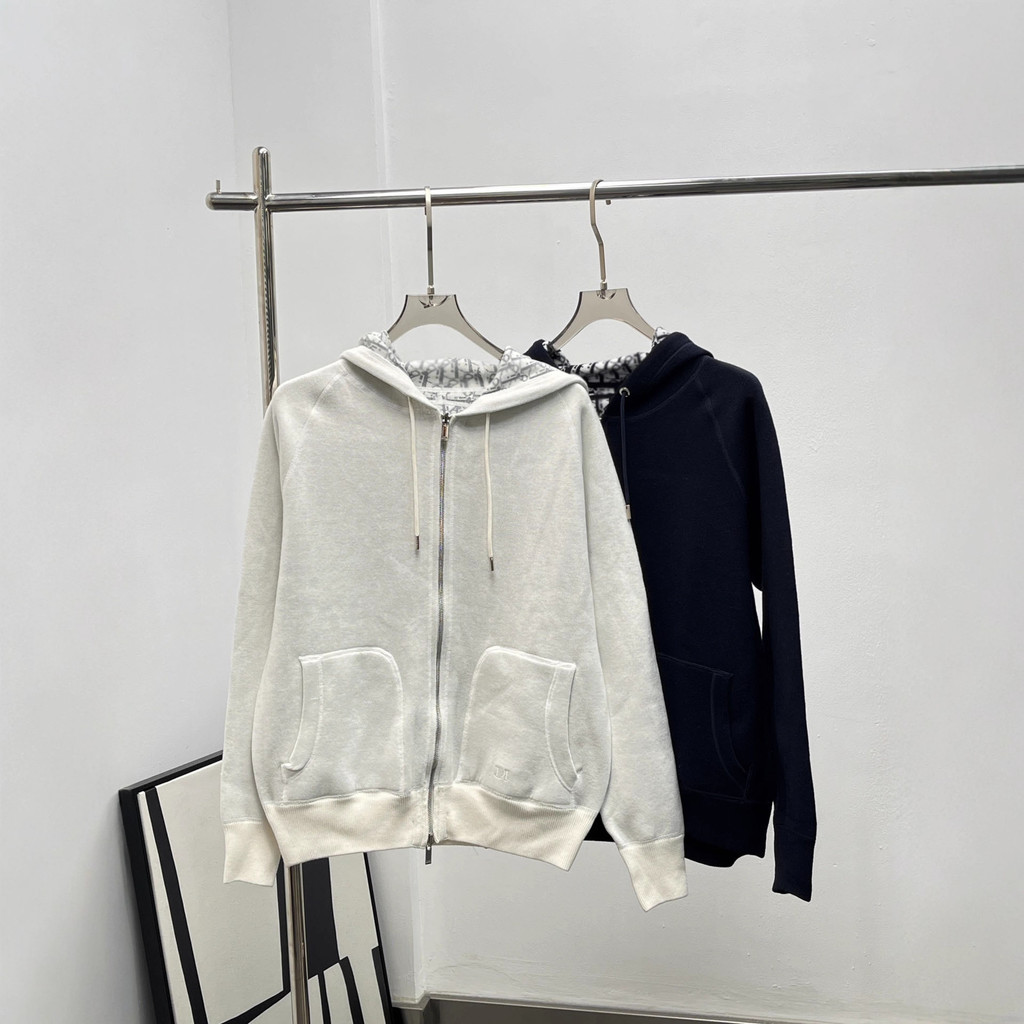 J7IM Di00r Reversible Cashmere Monogram logo Knitted Hooded Jacket Unisex Wool Sweater