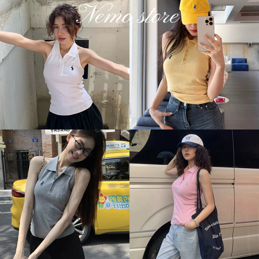 Nemo store🌸#XL29 เสื้อคอปก แขนกุด สีพาสเทล ผ้าไหมพรมใส่ง่าย