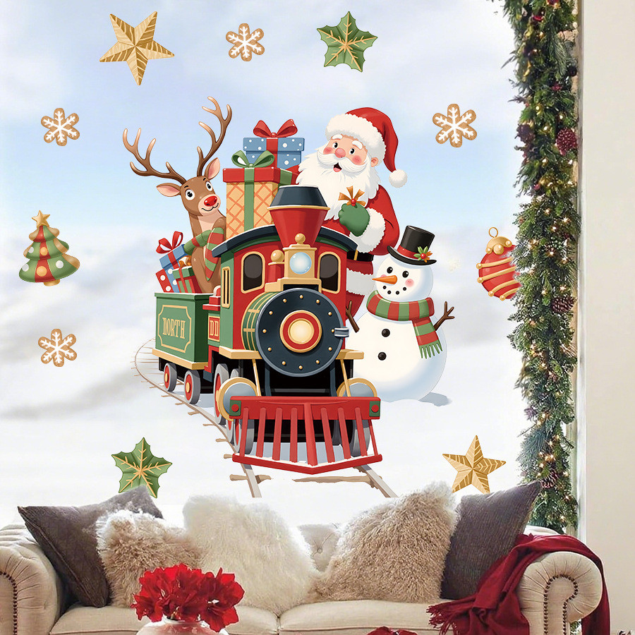 HS1814Q คริสต์มาสของขวัญรถ Self-Adhesive Christmas สติ๊กเกอร์ติดผนัง Holiday Party Home สติกเกอร์ตกแ