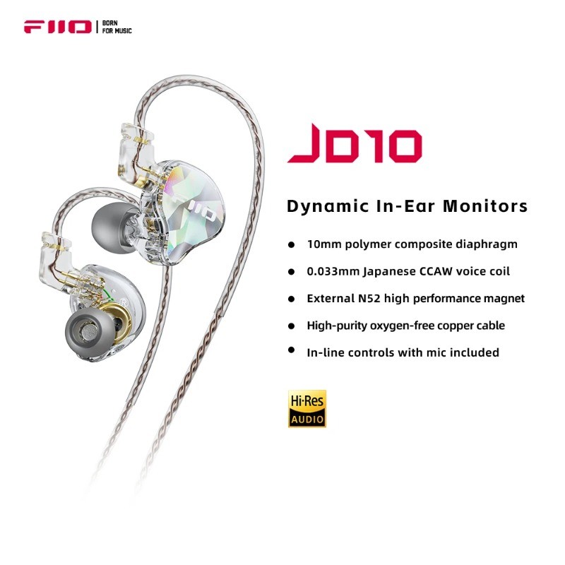 FiiO JD10 หูฟังแบบมีสายไฮไฟสเตอริโอเบสหูฟังเพลงในหูหูฟังกีฬาชุดหูฟังสําหรับเล่นเกม