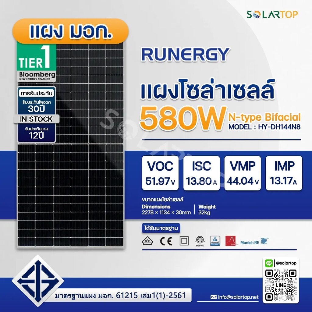 แผงโซล่าเซลล์ RUNERGY 580W N-type Bifacial แผงโซล่าเซลล์ที่ได้รับมาตรฐาน มอก.