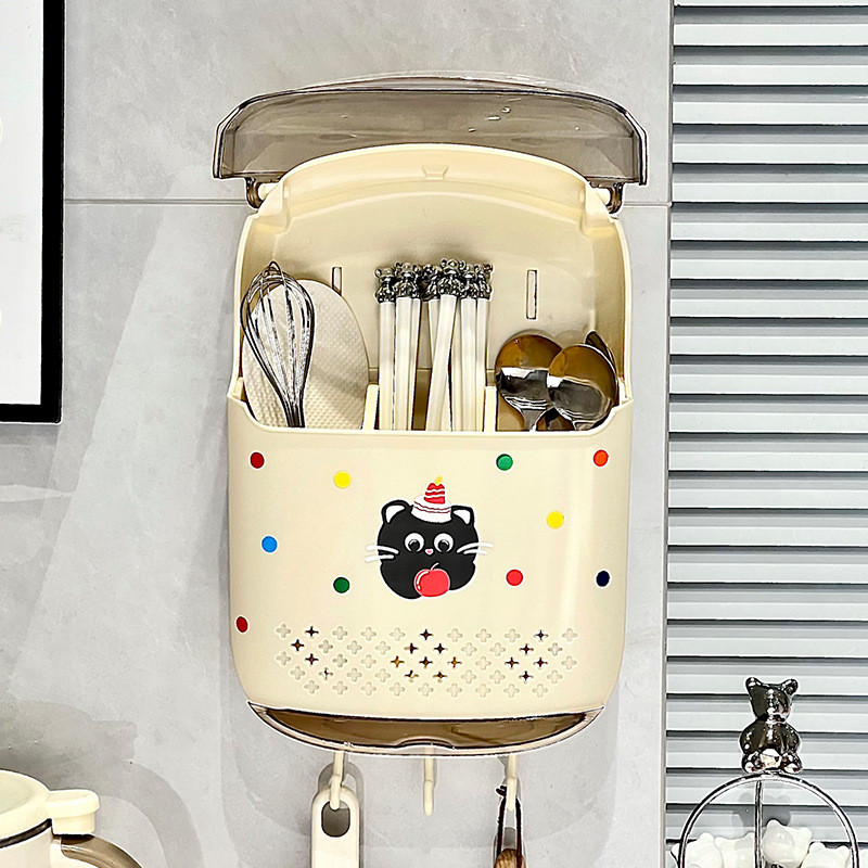 INS  ที่ใส่ตะเกียบ ที่ใส่ช้อนส้อม สีครีมน่ารัก มีฝาปิดและมีระบบระบายน้ำ ป้องกันฝุ่น กันแมลง กล่องเก็บช้อนส้อม ติดผนัง - รูปที่ 4