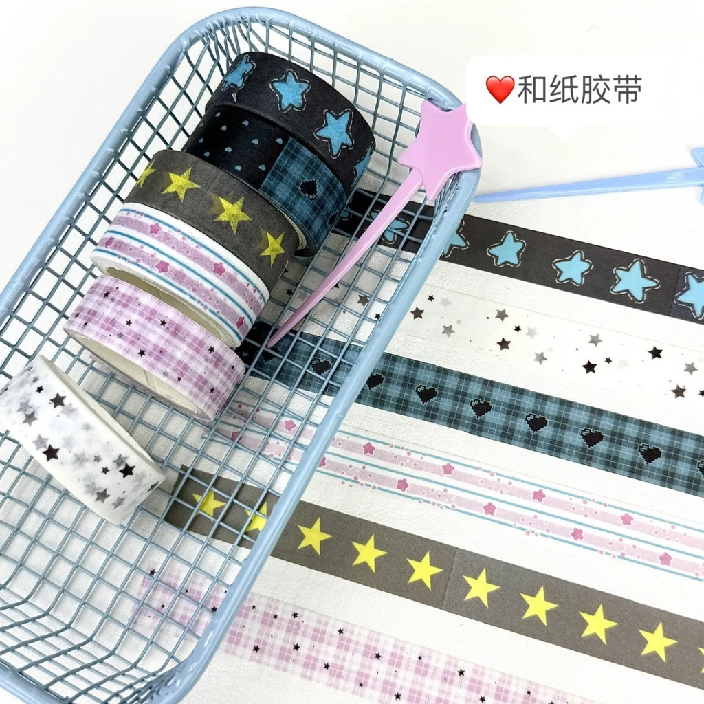 ⭐⭐Ins Simple Star Washi Tape High-value Handbook Photo Decorative Stickers Plaid Dot Stickers แถบกาว