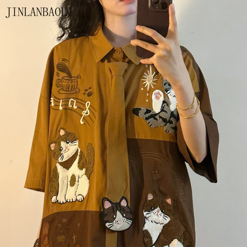 [JINLANBAOLI] เสื้อเชิ้ตแขนสั้นผู้ชายสีบล็อกเย็บปะติดปะต่อกันด้านบนหลวม