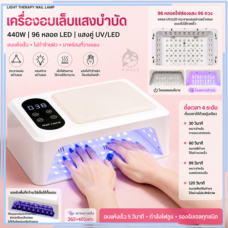 เครื่องเป่าเล็บ 440W โคมไฟทำเล็บ M8 / M7 มาพร้อมที่วางแขน 96 หลอด LED ตั้งเวลาได้ 4 ระดับ｜แสงคู่ UV/LED ป้องกันมือคล้ำ