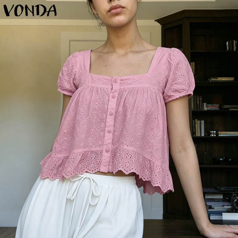 VONDA ผู้หญิงเกาหลีหวานรีสอร์ทสไตล์สแควร์คอพัฟแขน Single-Breasted Hollow Lace Ruffles Hem เสื้อ — صورة 5