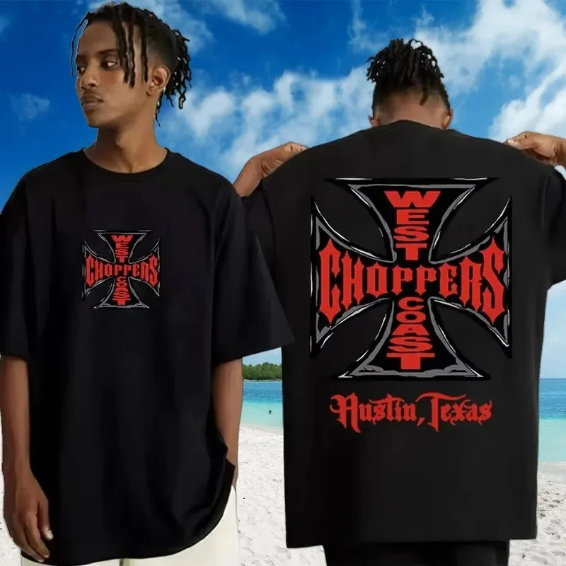เสื้อยืดผู้ชายลายกางเขนเหล็ก West Coast Chopper รุ่น Lare Cotton ปี 2026 เสื้อยืดแฟชั่นสไตล์ฮาราจูกุ