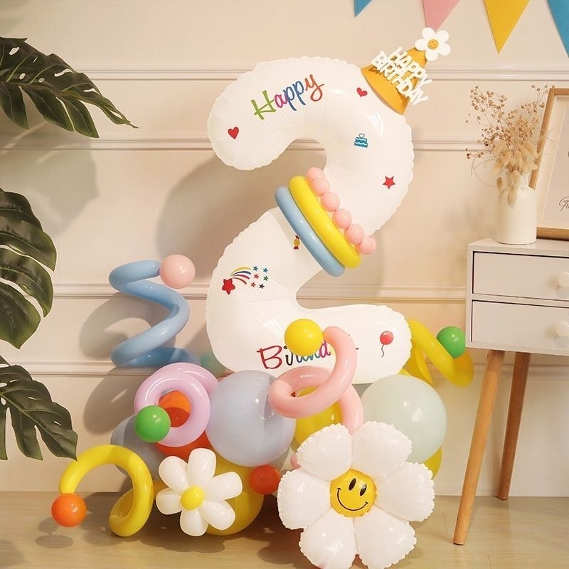 (ร้านไทย) เซ็ทลูกโป่งเลขสุดคุ้ม ลูกโป่งฟอยด์ตัวเลขและดอกเดซี่ (BC)
