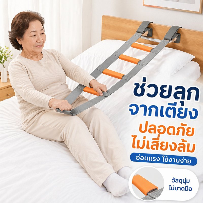 สายช่วยพยุงตัวลุกขึ้นบนเตียง เข็มขัดดึงลุกนั่ง ผู้สูงอายุ ผู้ป่วยติดเตียง ฟื้นฟู มือจับหลายระดับ