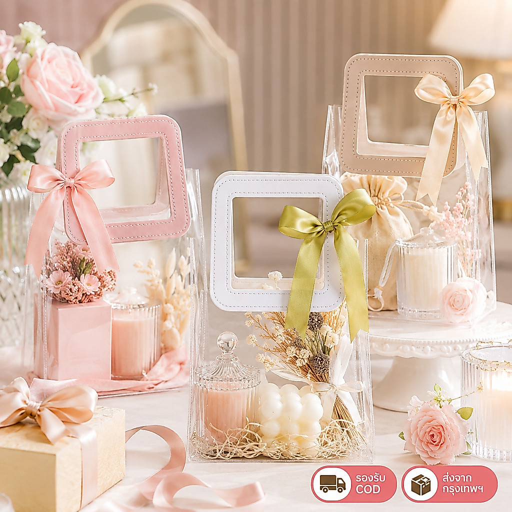 ถุง PVC ใสหูหิ้ว ถุงของขวัญ ใส่ขนม ลูกอม ของชำร่วย งานแต่ง วันเกิด กันน้ำ 4 ขนาด 8 สี พร้อมส่ง COD
