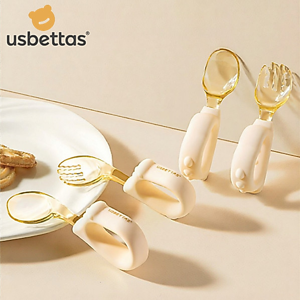 usbettas 2Pcs ช้อนส้อมซิลิโคน จับถนัดไม่หลุดมือ ฝึกทานอาหารเด็ก ช้อนส้อมเด็ก BPA Free เกรดอาหาร พร้อมเคส