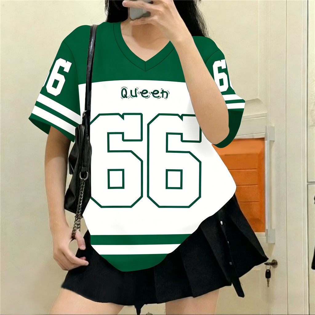 Y2K Streetwear V คอผู้หญิง Quick-D แห้ง Breathable Casual 3D พิมพ์หลวม Retro 66 ขนาดเสื้อยืดด้านบน