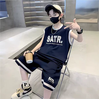 ชุดกีฬาเด็กผู้ชายฤดูร้อนสไตล์เกาหลี แห้งเร็ว ชุดเสื้อกล้ามเสื้อสั้นกางเกงขาสั้นเด็กโต