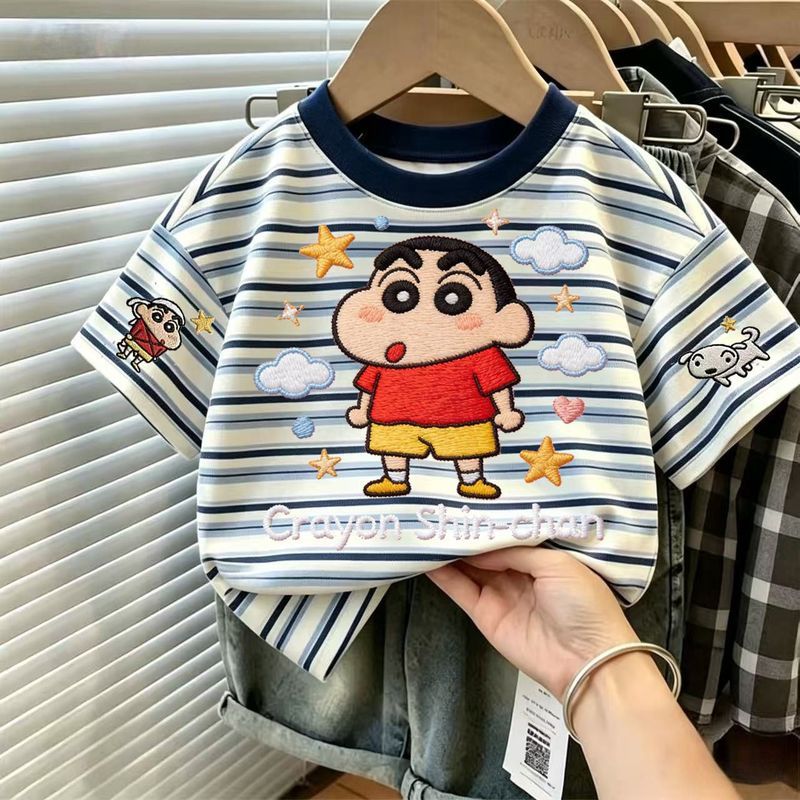 เด็กผ้าฝ้ายแท้ลายแขนสั้นฤดูร้อนเสื้อยืดเด็กการ์ตูนหลวมพิมพ์รอบคอด้านบน Crayon Shin-Chan t26.7.6qqq