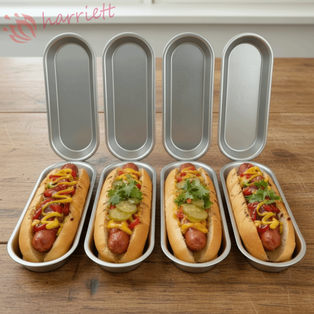 HARRIETT แม่พิมพ์ขนมปังฮอทดอก 4 ชิ้น, ถาดอบขนมปังไส้กรอกทนการกัดกร่อนรูปไข่, ทําความสะอาดง่ายอลูมิเนียมอัลลอยด์ความร้อนอย่างรวดเร็วไม่ติด Hotdog Bun Pan Pudding
