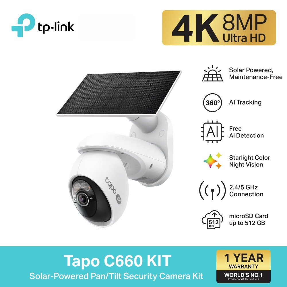TP-Link Tapo C660 KIT กล้องวงจรปิด 4K 8MP พร้อมแผงโซลาเซลล์ Solar-Powered Pan/Tilt Security Camera K