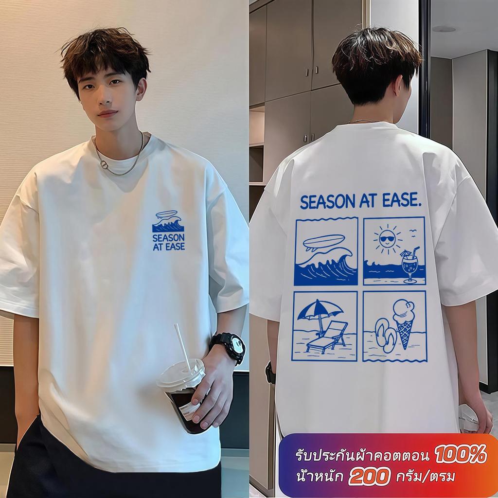 (ผ้าฝ้าย100%) Luvoro 2026 Cotton ย้อนยุค oversize T-shirt เนื้อผ้านุ่มระบายอากาศดี สีดำและสีขาว เสื้อยืดแขนสั้น C2155