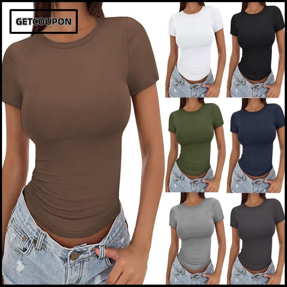 GETCOUPON Crew Neck Top,Breathable Soft Fited T Shirt,Vest Cropped Casual Solid Color Crop Top Going