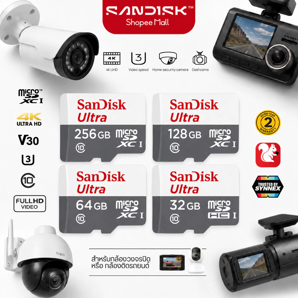 SanDisk Micro SD Card Class10 32GB 64GB 128GB 256GB 512GB 1TB ความเร็ว 100MB/s สำหรับโทรศัพท์ มือถือ กล้องติดรถยนต์ กล้