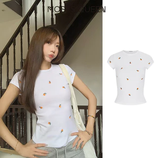 MOSESQUEEN ความเมตตาควีน เสื้อยืดแขนสั้นคอกลมสําหรับผู้หญิงในฤดูร้อนพิมพ์ลายสีขาวเสื้อตัวสั้นน่ารักเข้ารูป #63879