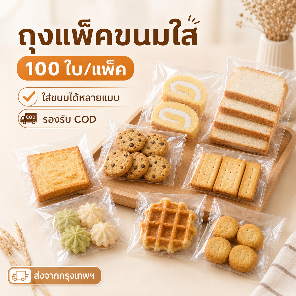 ถุงฝากาวใส แพ็คขนม เบเกอรี่ 100ใบ/แพ็ค ถุงใสคุกกี้ บราวนี่ ขนมปัง เค้ก พาย ขนมหวาน ราคาส่ง