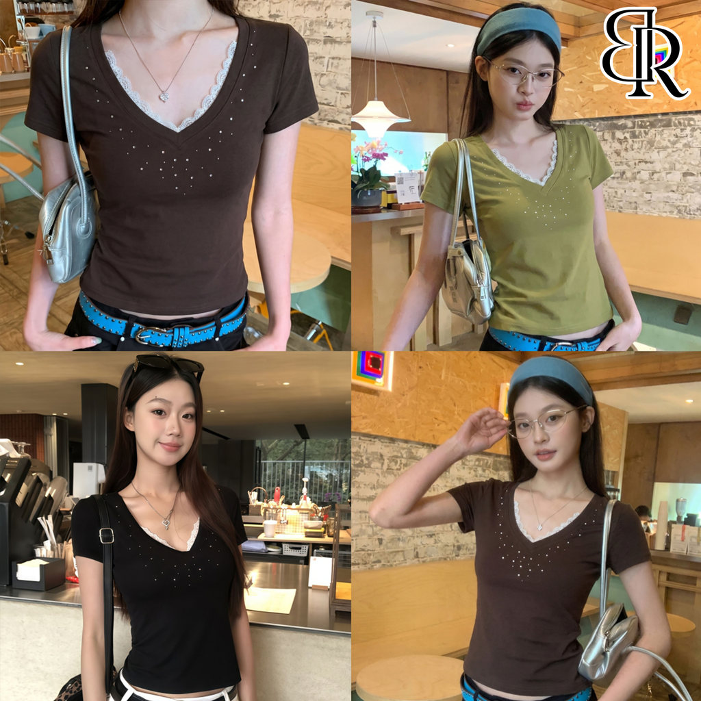 B&R พร้อมส่ง เสื้อยืดคอวีลูกไม้ประดับเพชรสว่างแขนสั้นสไตล์เกาหลี ทรงเข้ารูปผู้หญิง สีเขียวน้ำตาลสีดำ