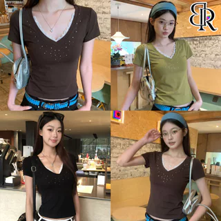 B&R พร้อมส่ง เสื้อยืดคอวีลูกไม้ประดับเพชรสว่างแขนสั้นสไตล์เกาหลี ทรงเข้ารูปผู้หญิง สีเขียวน้ำตาลสีดำ