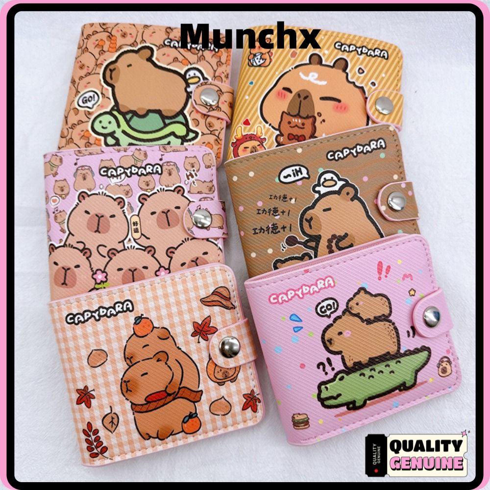 กระเป๋าใส่เหรียญ MUNCHX, Capybara พร้อมปุ่มกระเป๋าสตางค์สั้น,การ์ตูน PU หนังมินิกระเป๋าเงินผู้หญิงเด็กผู้หญิง