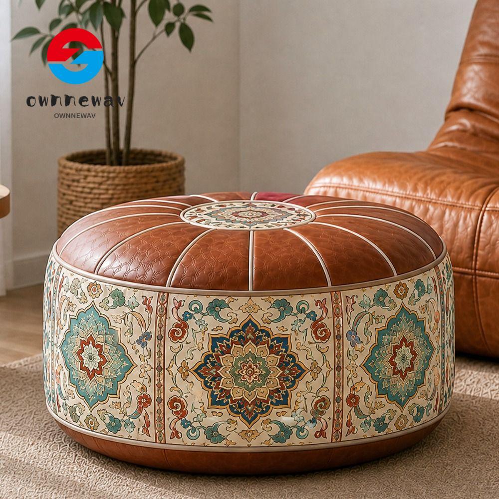 OWNNEPH Ottoman Pouf, PU Leather Boho Pattern สตูลวางเท้า, Fillable Folding Round Shape Storage Otto