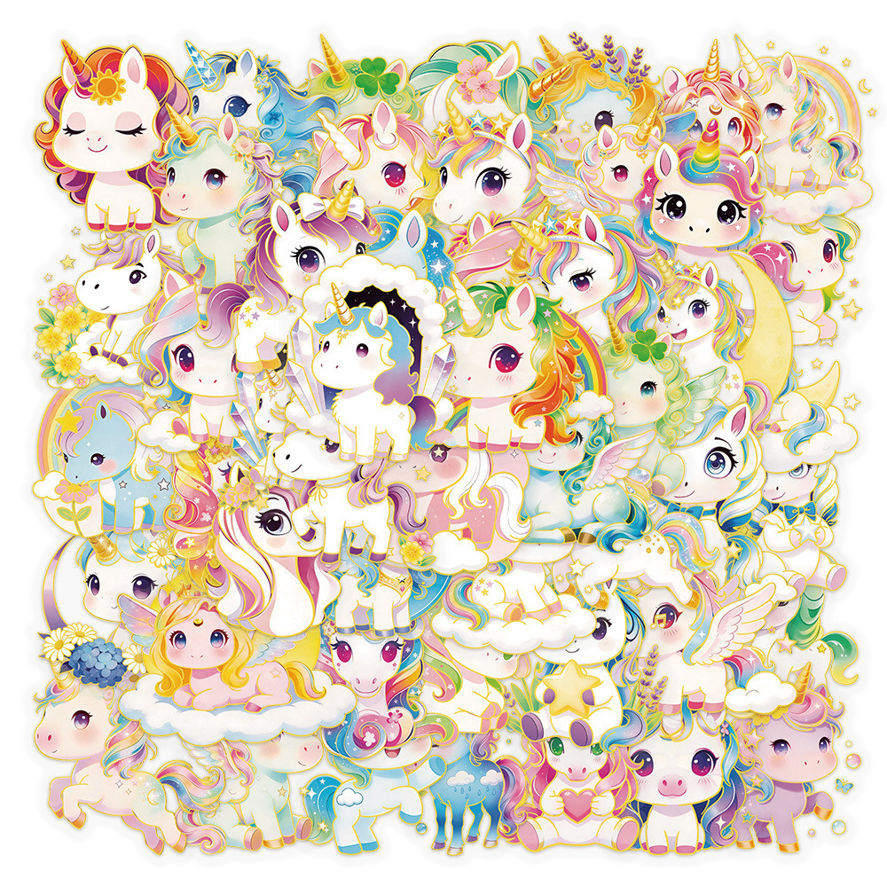 สติ๊กเกอร์กันน้ําพลาสติก PET ยูนิคอร์นตกแต่งสีทอง 50 ชิ้น