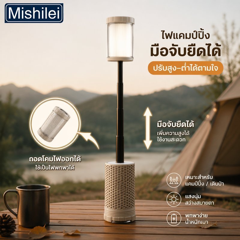Mishilei โคมไฟตั้งแคมป์ LED 2 โหมด แสงขาว เหลือง ชาร์จ Type C ด้ามยืดได้ กันน้ำ ฐานแม่เหล็ก