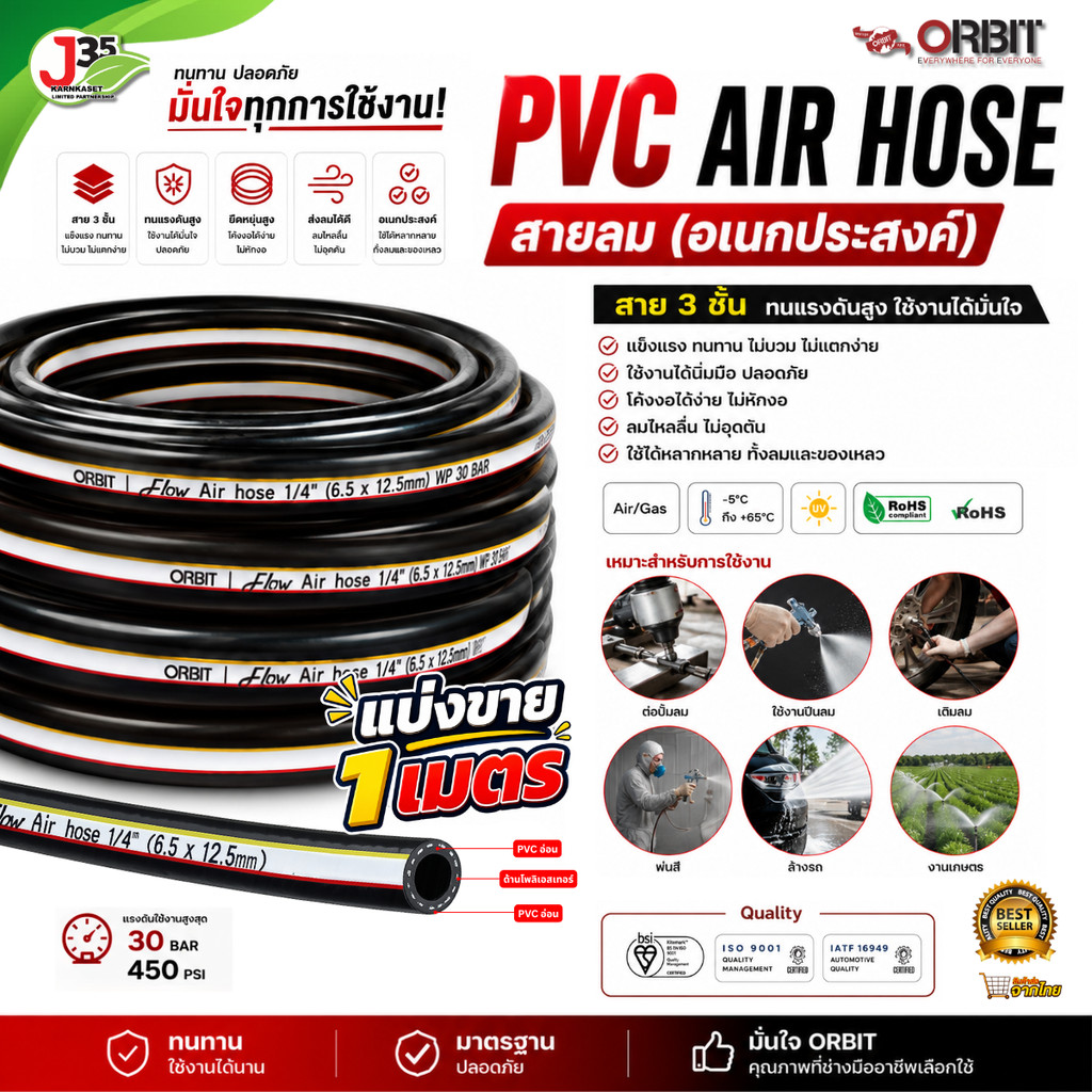 (ตัดตามสั่ง) ORBIT สายลม PVC 5/16นิ้ว 3/8นิ้ว 1/2นิ้ว 3/4นิ้ว สายลม (อเนกประสงค์) สายเครื่องปั๊มลม สีดำ