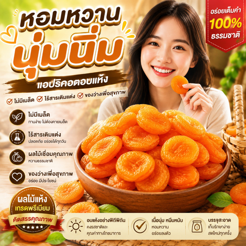 [หอมหวานนุ่มนิ่ม] ไม่มีเมล็ด แอปริคอตอบแห้ง ไร้สารเติมแต่ง ผลไม้แห้ง ผลไม้เชื่อม ของว่างเพื่อสุขภาพ ขนมผลไม้แห้ง