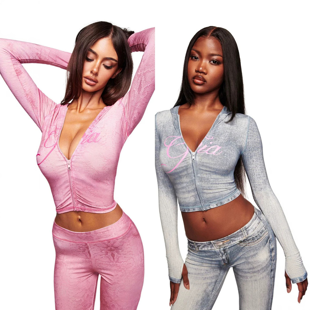 IMG ** American Hot Girl Tie-Dye V คอซิปเสื้อแขนยาวผู้หญิง Cropped Top เอวสูงสะโพก-Lifting