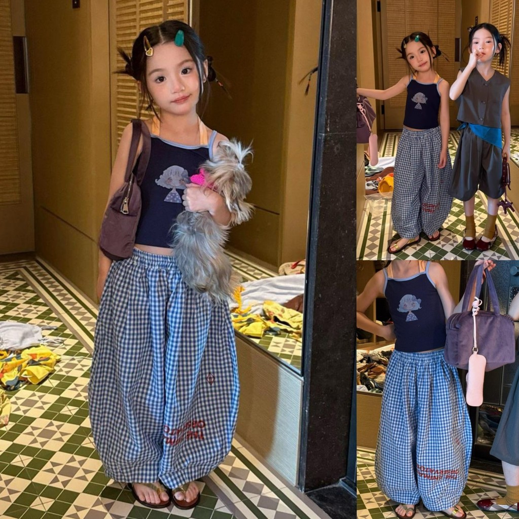 PRETTY BABY เสื้อเด็ก เสื้อสายเดี่ยว เสื้อคล้องคอ กางเกงขายาว ทรงบอลลูน ลายสก็อต (2340)