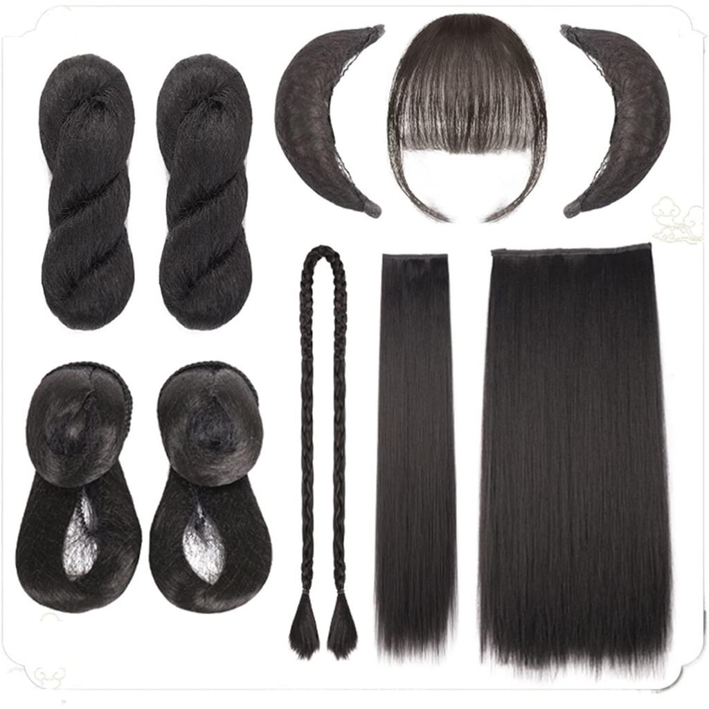 สังเคราะห์จีนแบบดั้งเดิม Hanfu วิกผมผม Bun Retro Black Chignon ปลอมโบราณจีนผมชุด Bun Princess คอสเพล